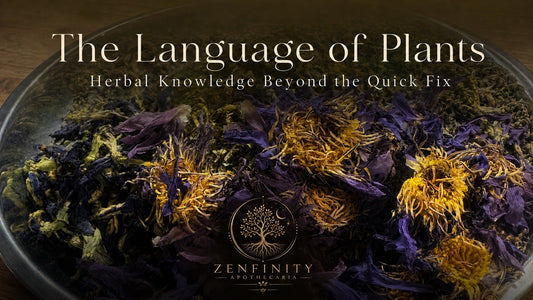 Dried purple and gold botanical flowers in a glass bowl with the Zenfinity Apothecaria logo and the title The Language of Plants