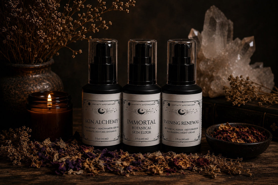 Skin Alchemy, Immortal Botanical Skin Elixir, and Evening Renewal by Zenfinity Apothecaria arranged with crystals, candle, and dried botanicals