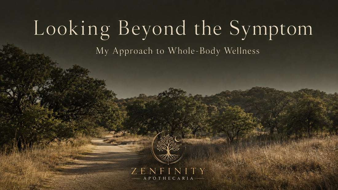 A winding path through golden grasslands and oak trees with the text Looking Beyond the Symptom and the Zenfinity Apothecaria logo