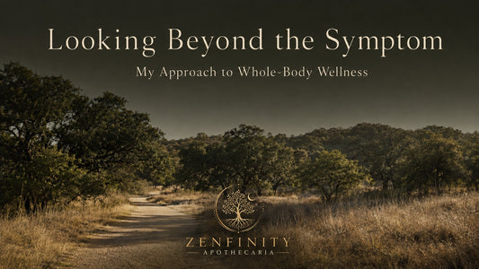 A winding path through golden grasslands and oak trees with the text Looking Beyond the Symptom and the Zenfinity Apothecaria logo